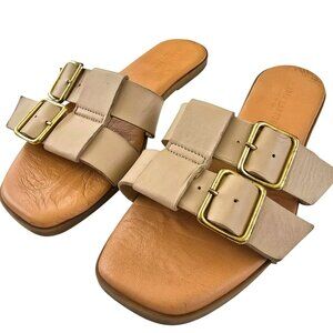 Ilaria Satori Womens Beige Leather Slide Sandals With Dual Buckle Straps JJ4102